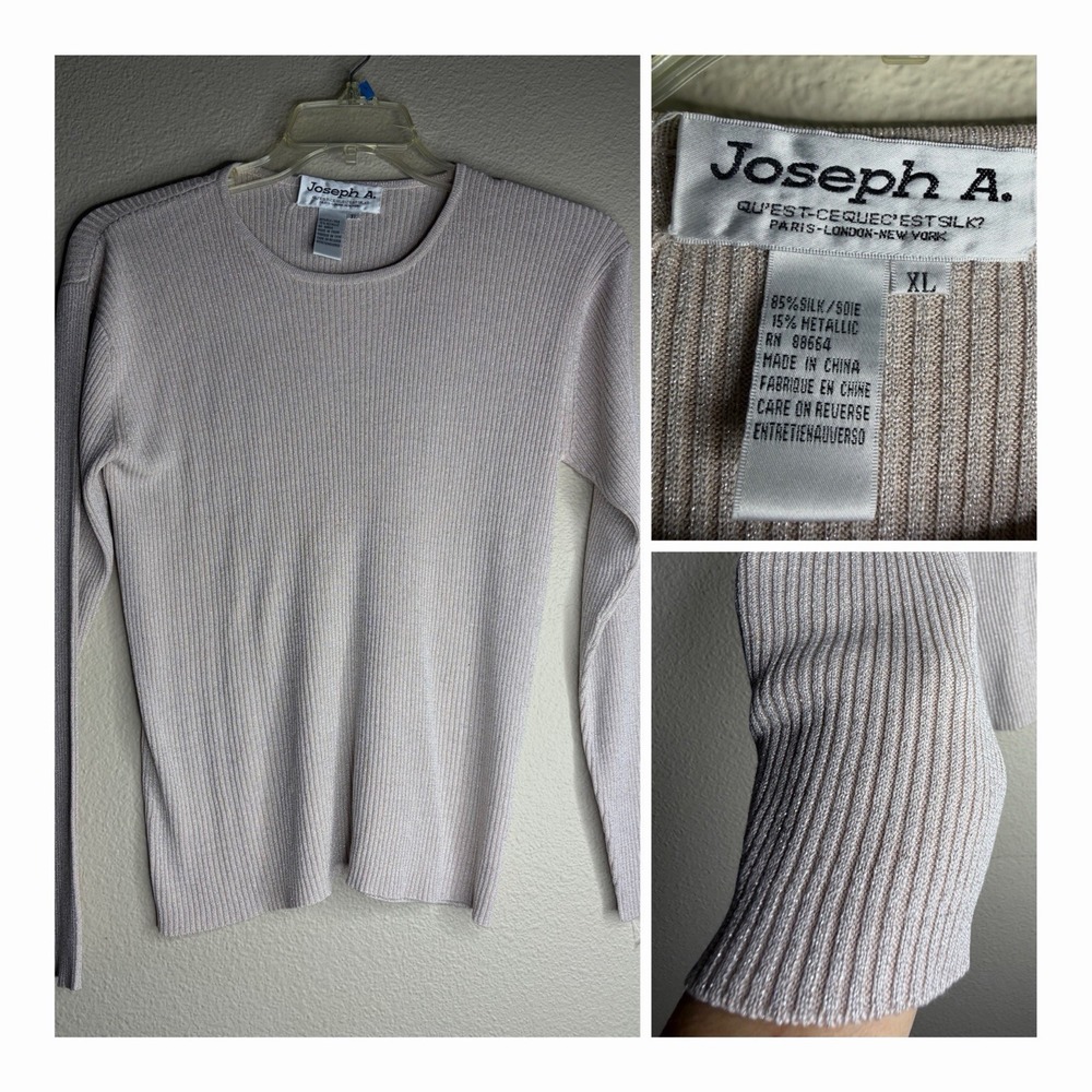 Joseph A Silk Metallic Ribbed Sweater XL Vintage Taupe Silver Shimmer Y2K